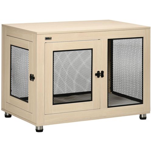 Cage Pour Chien Sur Pied Style Industriel - 2 Portes Verrouillables, Coussin Inclus - Acier Maillé Noir Panneaux Aspect Bois Clair