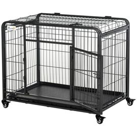 Cage Pour Chien Pliable Cage De Transport Sur Roulettes 2 Portes Verrouillables Plateau Amovible Dim. 94l X 58l X 69h Cm Métal Gris Noir