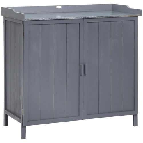 Armoire De Rangement De Jardin Sur Pied, Table De Rempotage 2 En 1 Double Porte, Étagère, Plateau Métal Galvanisé - Bois Sapin Gris