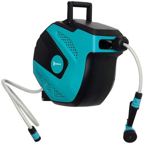 Dévidoir mural enrouleur automatique pivotant 180° tuyau 15 + 1,5 m avec lance arrosage support mural intégré turquoise noir