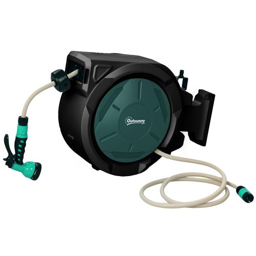 Dévidoir mural enrouleur automatique pivotant 180° tuyau 30 + 2 m avec lance arrosage 7 modes support mural intégré vert noir