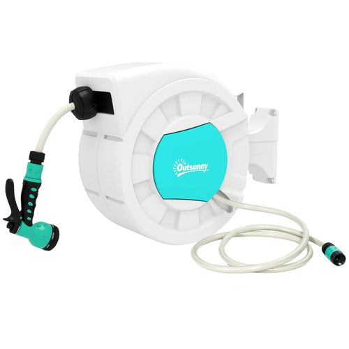 Dévidoir mural enrouleur automatique pivotant 180° tuyau 25 + 2 m avec lance arrosage 7 modes support mural intégré gris clair bleu