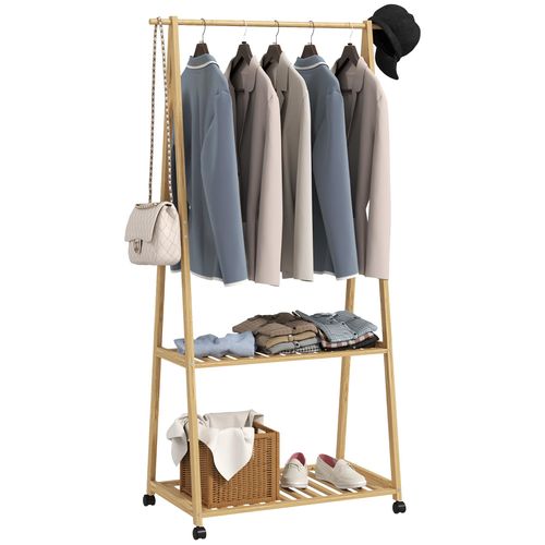 Portant Penderie À Vêtements En Bambou Mobile 4 Roulettes 2 Étagères Dim. 84,5l X 43,5l X 158h Cm