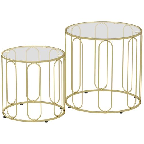 Lot De 2 Tables Basses Gigognes Rondes Style Art Déco Métal Doré Verre Trempé