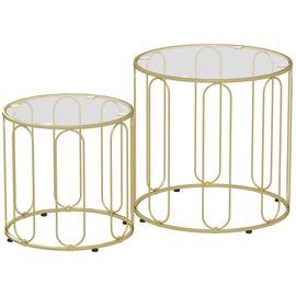 Lot De 2 Tables Basses Gigognes Rondes Style Art Déco Métal Doré Verre Trempé
