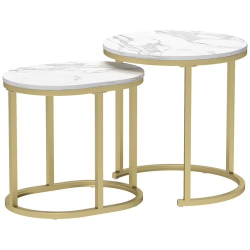 Lot De 2 Tables Basses Gigognes - Tables D'appoint Encastrables Style Contemporain - Piètement Acier Plateau Mdf Aspect Marbre Blanc