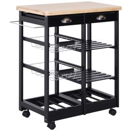 Chariot De Service Desserte De Cuisine À Roulettes Multi-Rangements 74l X 37l X 76h Cm Plateau Bois Massif Pin Châssis Mdf Noir