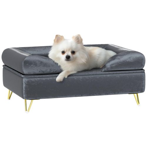 Canapé Pour Chien Design - Dim. 76l X 53,5l X 34h Cm - Piètement Épingle Métal Doré Velours Gris