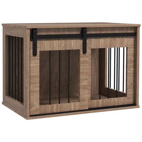 Cage Pour Chien Animaux Style Indisutriel - Porte Coulissante Verrouillable - Acier Noir Panneaux Aspect Bois
