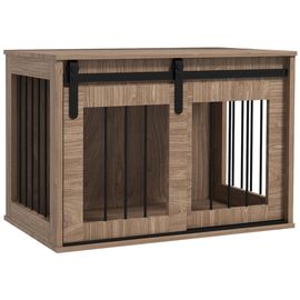 Cage Pour Chien Animaux Style Indisutriel - Porte Coulissante Verrouillable - Acier Noir Panneaux Aspect Bois