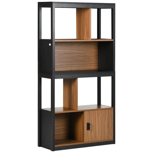 Bibliothèque Style Industriel Étagères Niches Porte Aspect Bois Noir