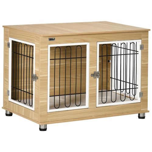 Cage Pour Chien Sur Pied - 2 Portes Verrouillables, Coussin Déhoussable Inclus - Acier Filaire Noir Panneaux Aspect Bois Clair
