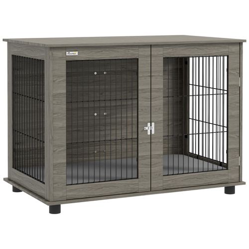 Cage Pour Chien Intérieure Dim. 100l X 60l X 73,5h Cm - Porte Verrouillable, Coussin Déhoussable - Acier Noir Aspect Bois Gris