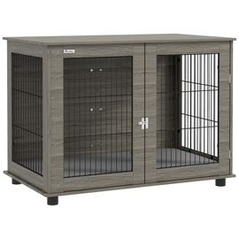Cage Pour Chien Intérieure Dim. 100l X 60l X 73,5h Cm - Porte Verrouillable, Coussin Déhoussable - Acier Noir Aspect Bois Gris