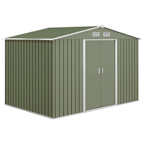 Abri De Jardin - Remise Pour Outils - Cabanon Double Porte Coulissante - Fondation Incluse - Dim. 277l X 191l X 192h Cm - Tôle D'acier Ondulée Vert Clair