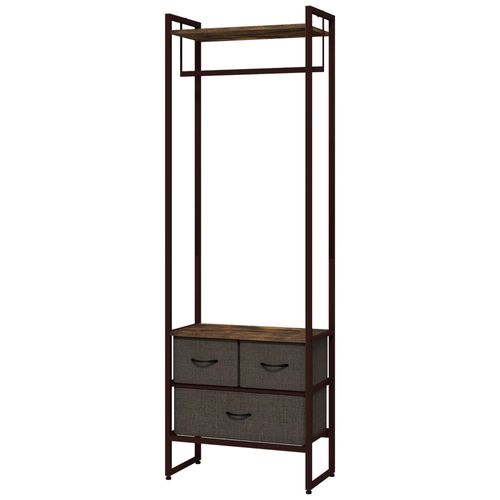 Portant À Vêtement Style Industriel - Barre Penderie, 2 Étagères, 3 Tiroirs - Acier Noir Effet Bois Vieilli