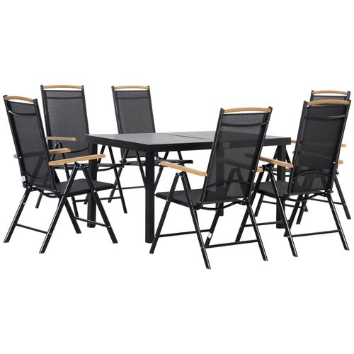 Ensemble Table De Jardin 6 Personnes - Chaises Pliables Inclinables Accoudoirs - Alu Textilène Noir Plastique Effet Bois