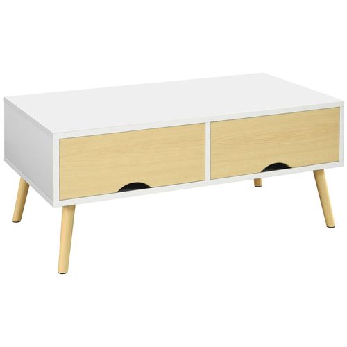 Table Basse Rectangulaire Design Scandinave 2 Tiroirs Coulissants Grande Niche Piètement Bois Pin Blanc Aspect Bois Clair