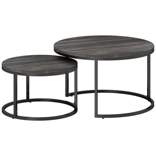 Lot De 2 Tables Basses Rondes Gigognes Empilables Piètement Acier Plateau Effet Bois Noir