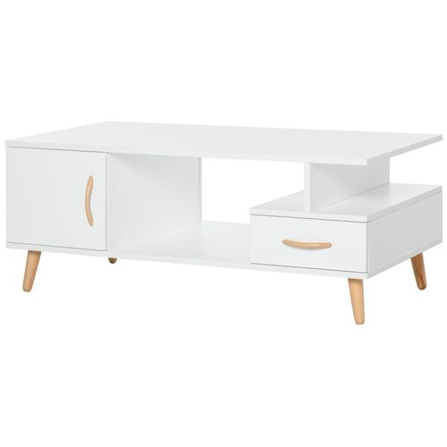 Table Basse Rectangulaire Design Scandinave 100l X 50l X 40h Cm Niche + Tiroir & Placard Bois Massif Pin Panneaux Particules Blanc