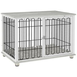Cage Chien Avec Coussin 90 X 58 X 62 Cm - Porte Verrouillable - Effet Bois Gris Clair Acier Blanc Noir