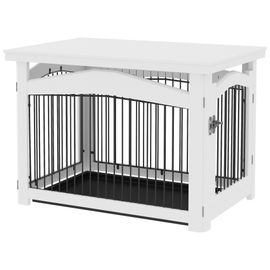 Cage Barrière Chien Table Basse D'appoint 3 En 1 Plateau Déjection Amovible Porte Verrouillable Acier Mdf Noir Blanc