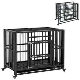 Cage Pour Chien Animaux Cage De Transport Sur Roulettes Pliable 3 Portes Verrouillables Plateau Amovible Acier Noir