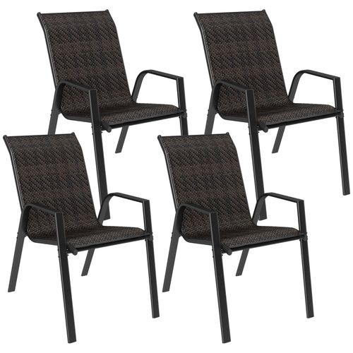 Lot De 4 Chaises De Jardin Empilables - Accoudoirs - Design - Acier Époxy Noir Résine Tressée Marron