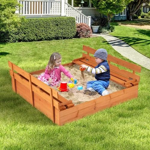 Costway Bac À Sable Enfants Extérieur 125 × 118 × 42,5 Cm - Avec Bancs Pliableset Tapis De Protection Pour Le Sable 18mois +