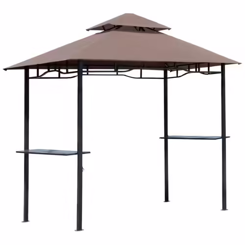 Pavillon Abri Tonnelle De Jardin Pour Barbecue Double Toit 2 Tablettes Incluses Tissu Polyester Acier 2,45 X 1,48 X 2,55 M Chocolat