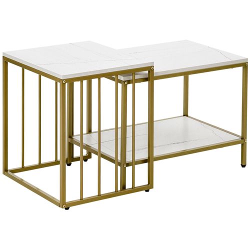 Lot De 2 Tables Basses Gigognes Style Art Déco - Acier Doré Panneaux Aspect Marbre Blanc 45x45x50cm Blanc