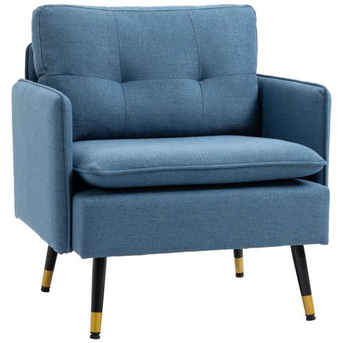 Fauteuil Style Art-Déco Effet Capitonné Métal Noir Doré Tissu Bleu