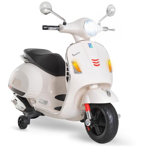 Vespa scooter moto électrique enfants 6 V dim. 102L x 51l x 76H cm musique MP3 port USB klaxon phare feu AR blanc