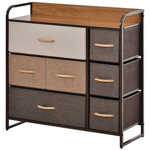 Commode 7 Tiroirs Plateau Aspect Bois Acier Non Tissé Marron Beige