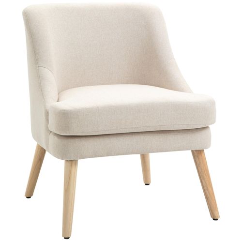 Fauteuil Lounge Design Scandinave Pieds Effilés Bois Massif Hévéa Revêtement Tissu Polyester Aspect Lin Beige