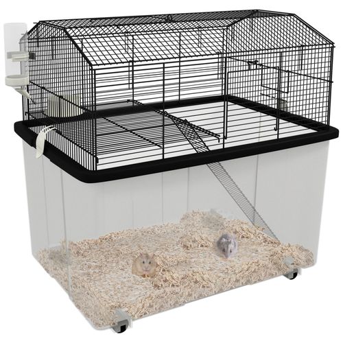 Cage Rongeur Hamster 2 Étages - Roulettes, Plateforme, Échelle, Accessoires - Pp Transparent Acier Noir