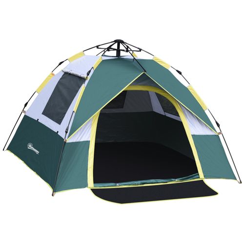 Tente De Camping Pop Up 3 Personnes Porte 3 Fenêtres Sac De Transport Inclus Fibre Verre Polyester Pe Jaune Gris Vert