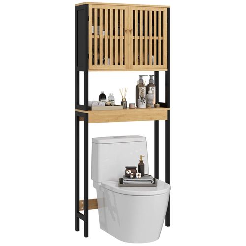 Meuble Étagère Dessus Wc - 2 Portes, 2 Étagères - Mdf Noir Bois Bambou Verni
