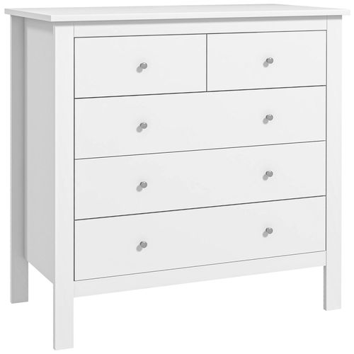 Commode 5 Tiroirs Style Contemporain Dim. 79l X 39,5l X 80,5h Cm Poignées Boutons Métal Mdf Blanc