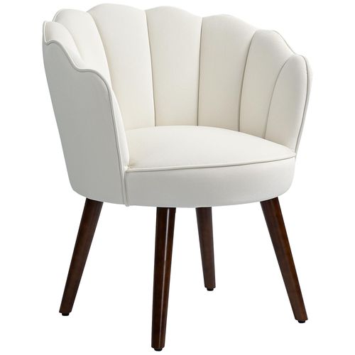 Fauteuil Design Coquillage Piètement Effilé Bois D'hévéa Dossier Enveloppant Strié Aspect Velours Crème