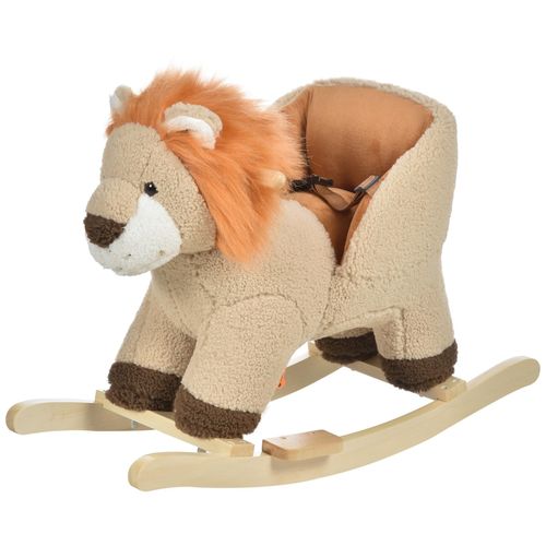 Cheval à bascule modèle lion fonction musicale selle grand confort peluche courte douce bois peuplier marron dim. 68L x 35l x 50H cm