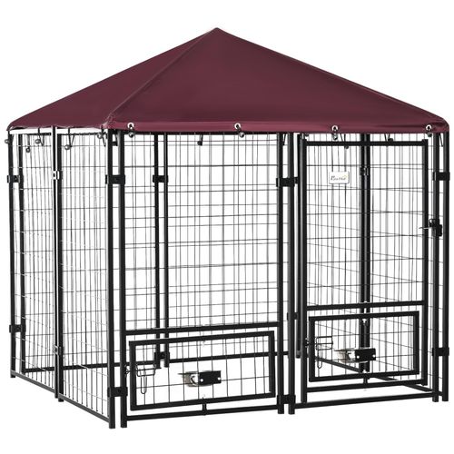 Chenil Extérieur Chien - Cage Chien - Enclos Chien - Toile Toit Imperméable Anti-Uv, Porte Verrouillable, 2 Bols Rotatifs - Acier Noir Oxford Pourpre