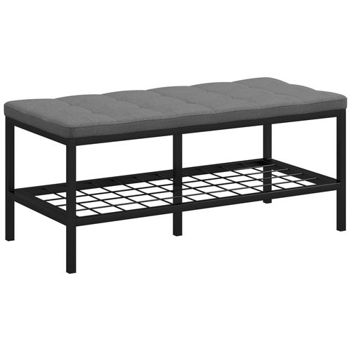 Banc À Chaussures Avec Coussin Effet Capitonné - Étagère - Dim. 90 X 41 X 40 Cm - Métal Noir Tissu Gris