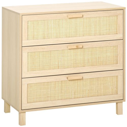 Commode 3 Tiroirs Cannage En Rotin Dim. 80l X 40l X 80h Cm Mdf Aspect Bois Clair