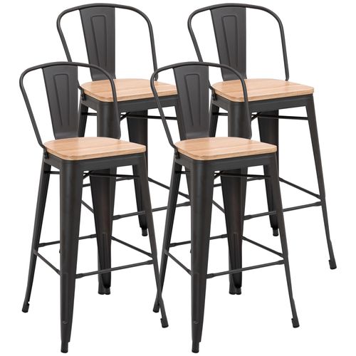 Lot De 4 Tabourets De Bar Industriel Avec Dossier Repose-Pied Hauteur Assise 76 Cm Métal Café Foncé Panneaux Multicouches Imitation Bois Clair