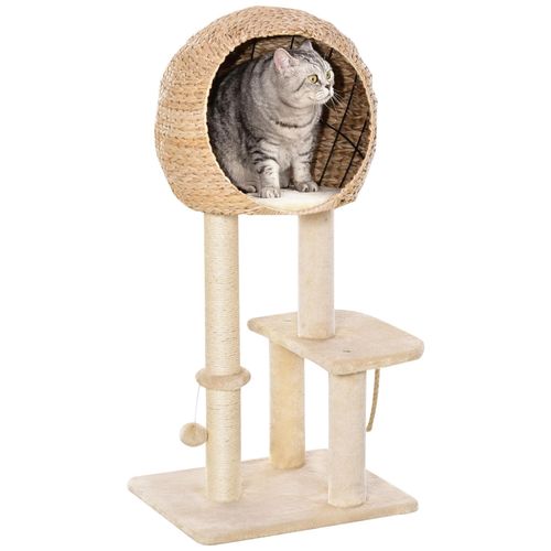 Arbre À Chats Style Cosy Chic Griffoir Sisal Naturel Grande Niche Plateformes Jeu Boule Corde Escalade Peluche Courte Massette Beige