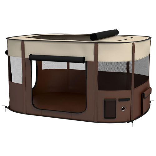 Parc Pliable Pour Chien En Tissu Oxford - Fenêtres, Portes En Maille - Sac De Rangement - Marron
