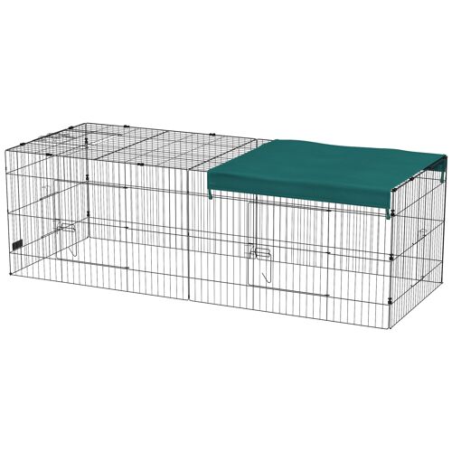 Parc Enclos Petits Animaux - 2 Portes, 3 Trappes Nourrissages, Zone Couverte - Acier Noir Polyester Vert