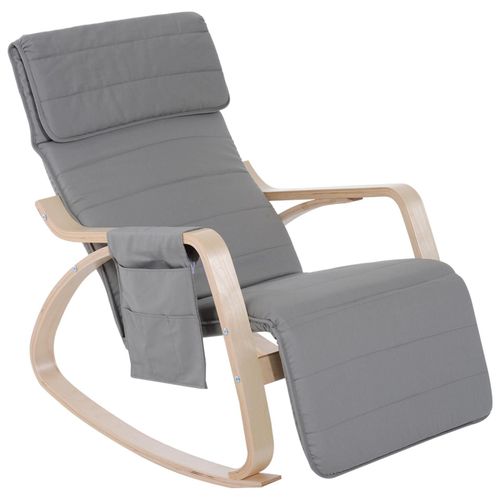 Fauteuil À Bascule - Fauteuil Relax Repose-Pied Réglable, Poche Rangement, Tétière - Bois Tissu Gris