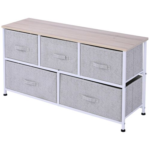 Commode Meuble De Rangement Dim. 100l X 30l X 54h Cm 5 Tiroirs Non-Tissés Gris Structure Métal Blanc Plat